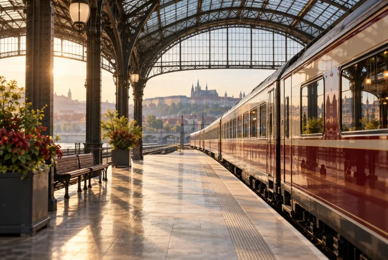 Generated illustration of a train beneath a European station canopy