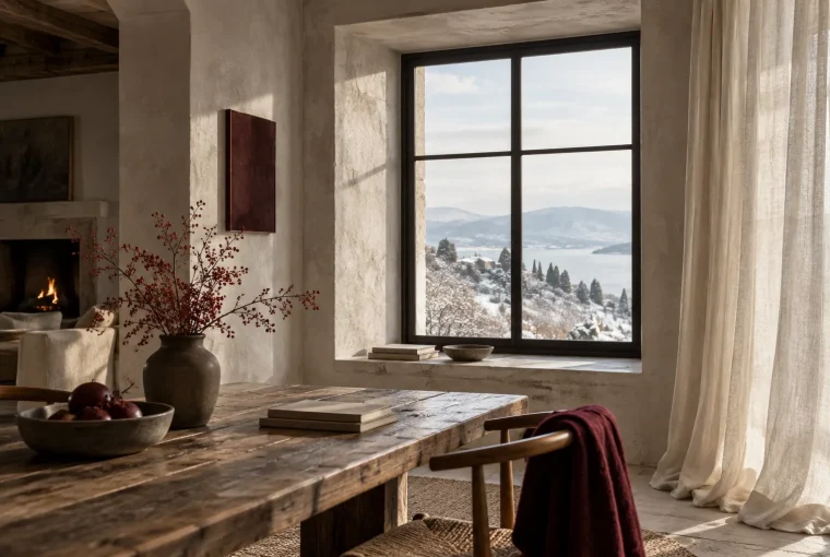 Generated illustration of a quiet home with deep window reveals and linen curtains