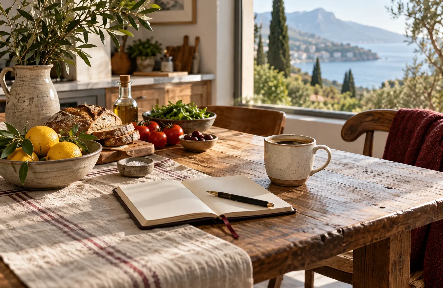 Generated illustration of a notebook and groceries on a kitchen table