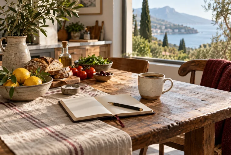 Generated illustration of a notebook and groceries on a kitchen table