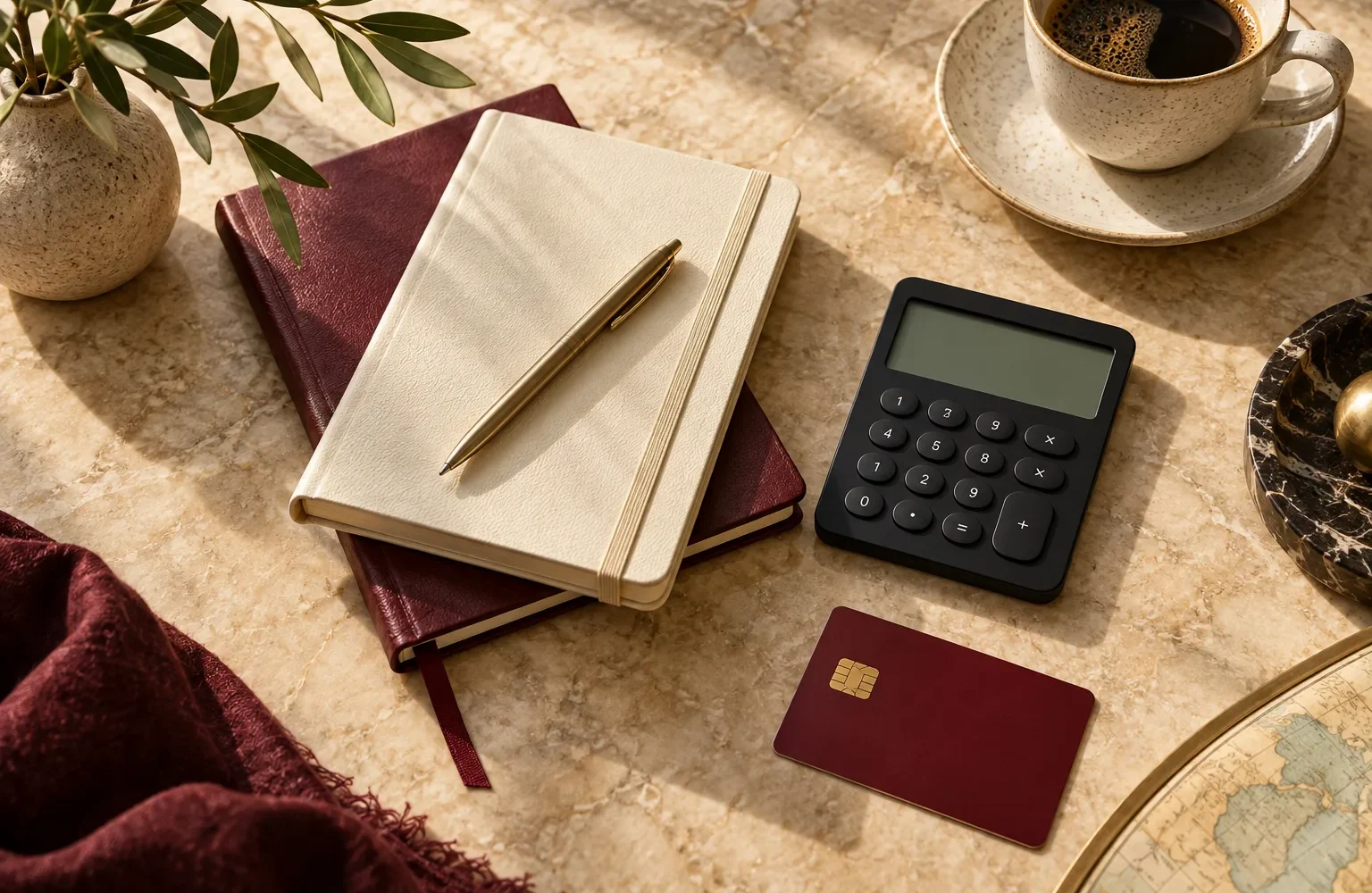 Generated illustration of a calculator and notebooks on warm stone