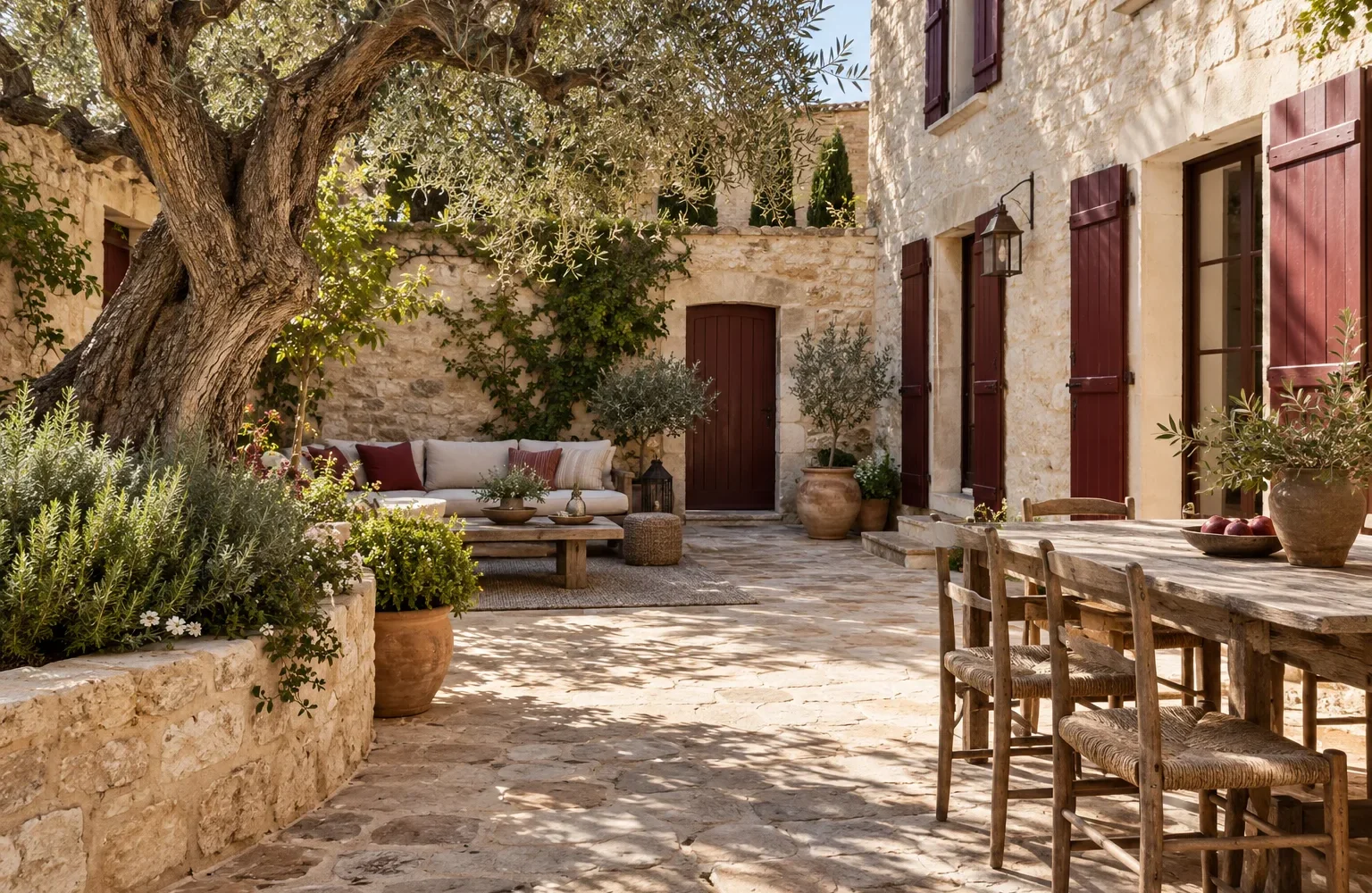 Generated illustration of a sunlit Mediterranean residential courtyard