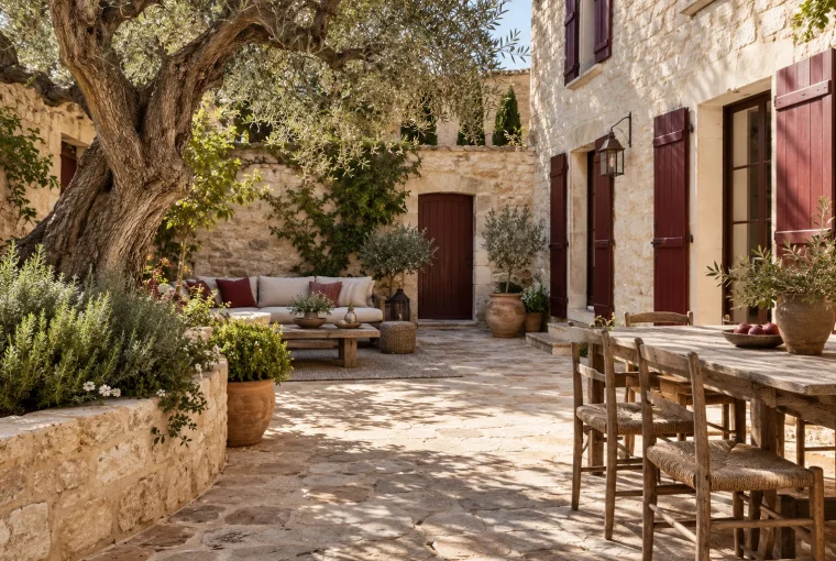 Generated illustration of a sunlit Mediterranean residential courtyard