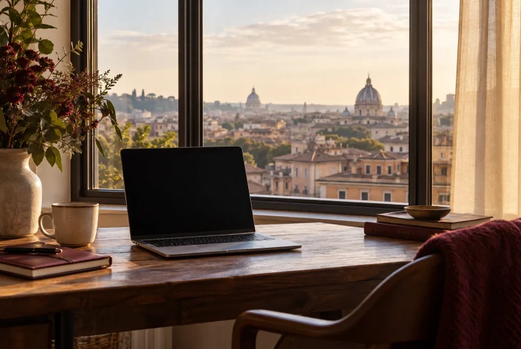 Generated illustration of a laptop beside an apartment window
