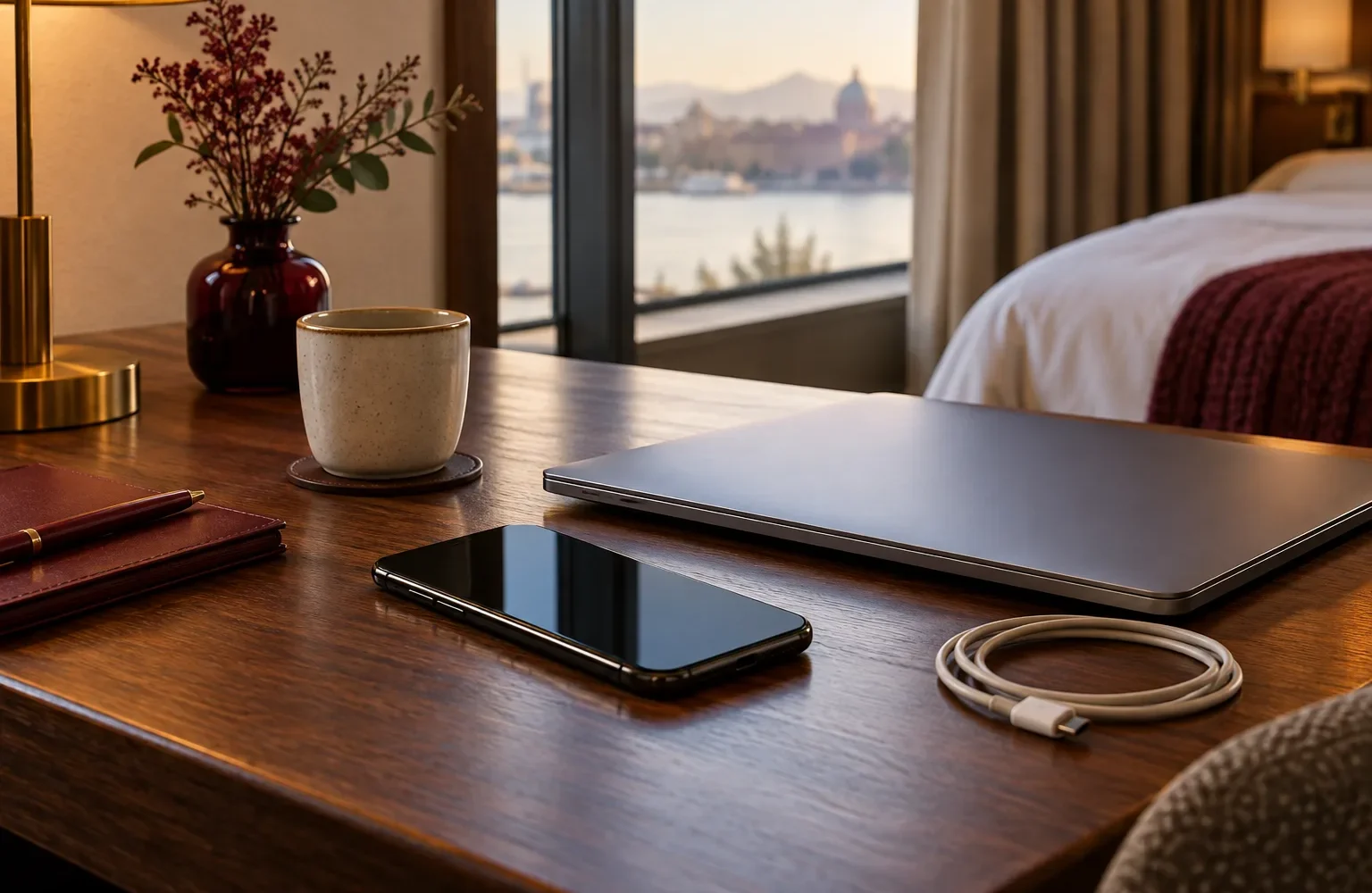 Generated illustration of a phone and closed laptop on a hotel desk