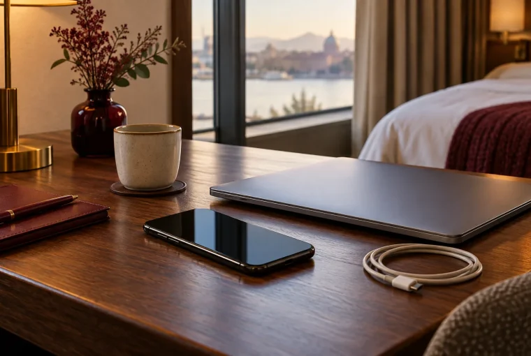 Generated illustration of a phone and closed laptop on a hotel desk